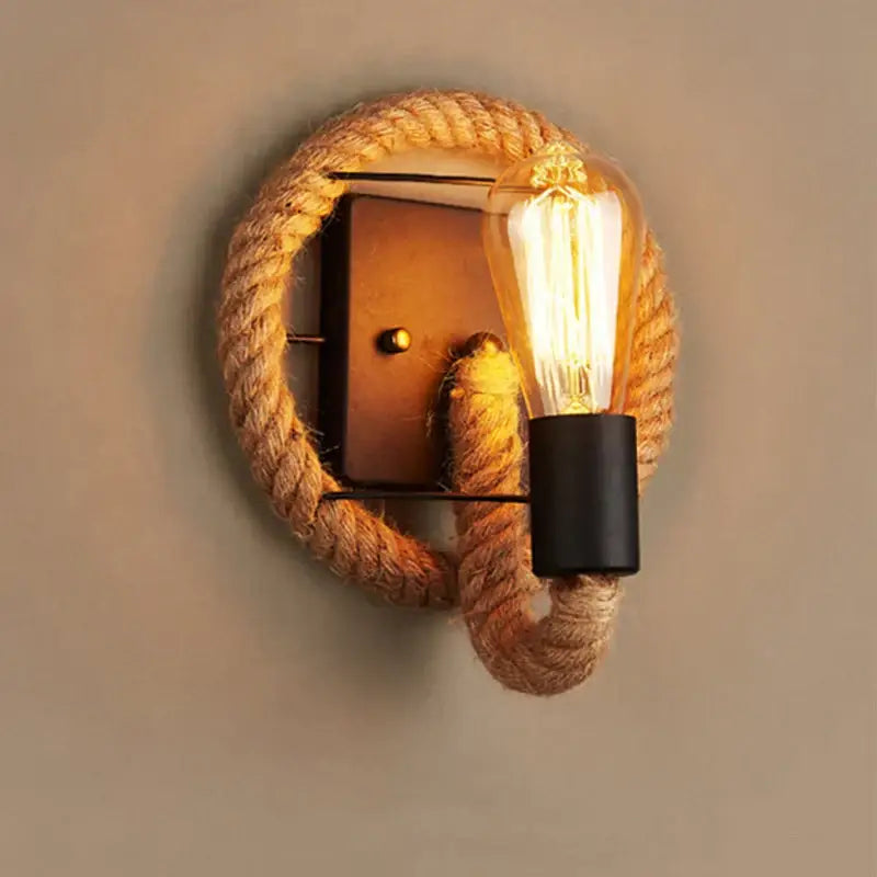 Industrial hemp rope wall lamp with warm glow filament bulb rope-wrapped living room decorbites sconce