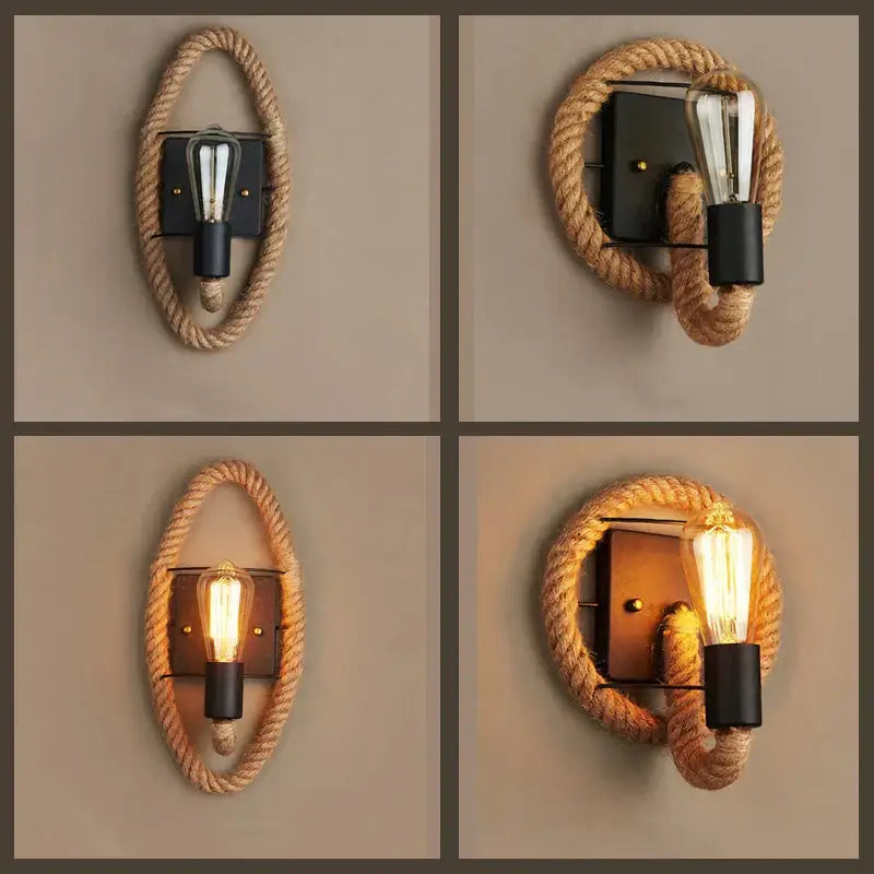 Industrial hemp rope wall lamp with black metal base and exposed edison bulb for living room decorbites hemp rope decor