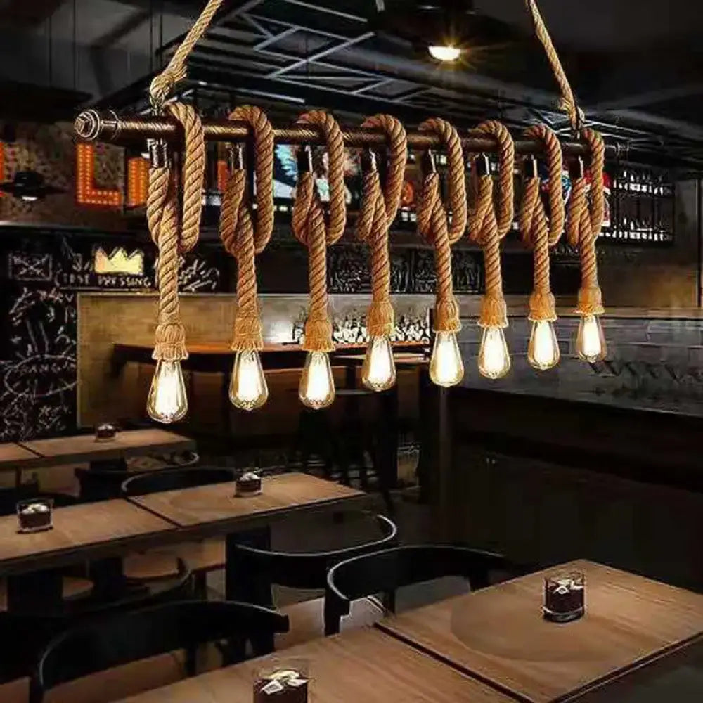 Rustic industrial hemp rope wood chandelier light fixture with thick brown rope and exposed filament bulbs for dining room