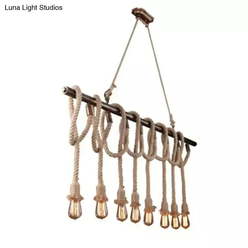 Industrial hemp rope wood chandelier light fixture with dark metal rod and beige rope knots for dining room 220v-240v 110v-120v