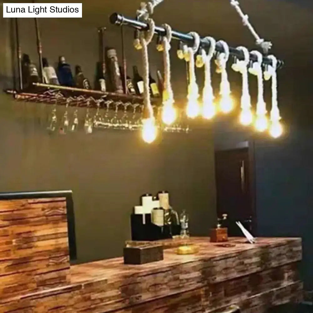 Industrial hemp rope wood chandelier dining room light fixture with black metal pipes and exposed bulbs 220v-240v 110v-120v