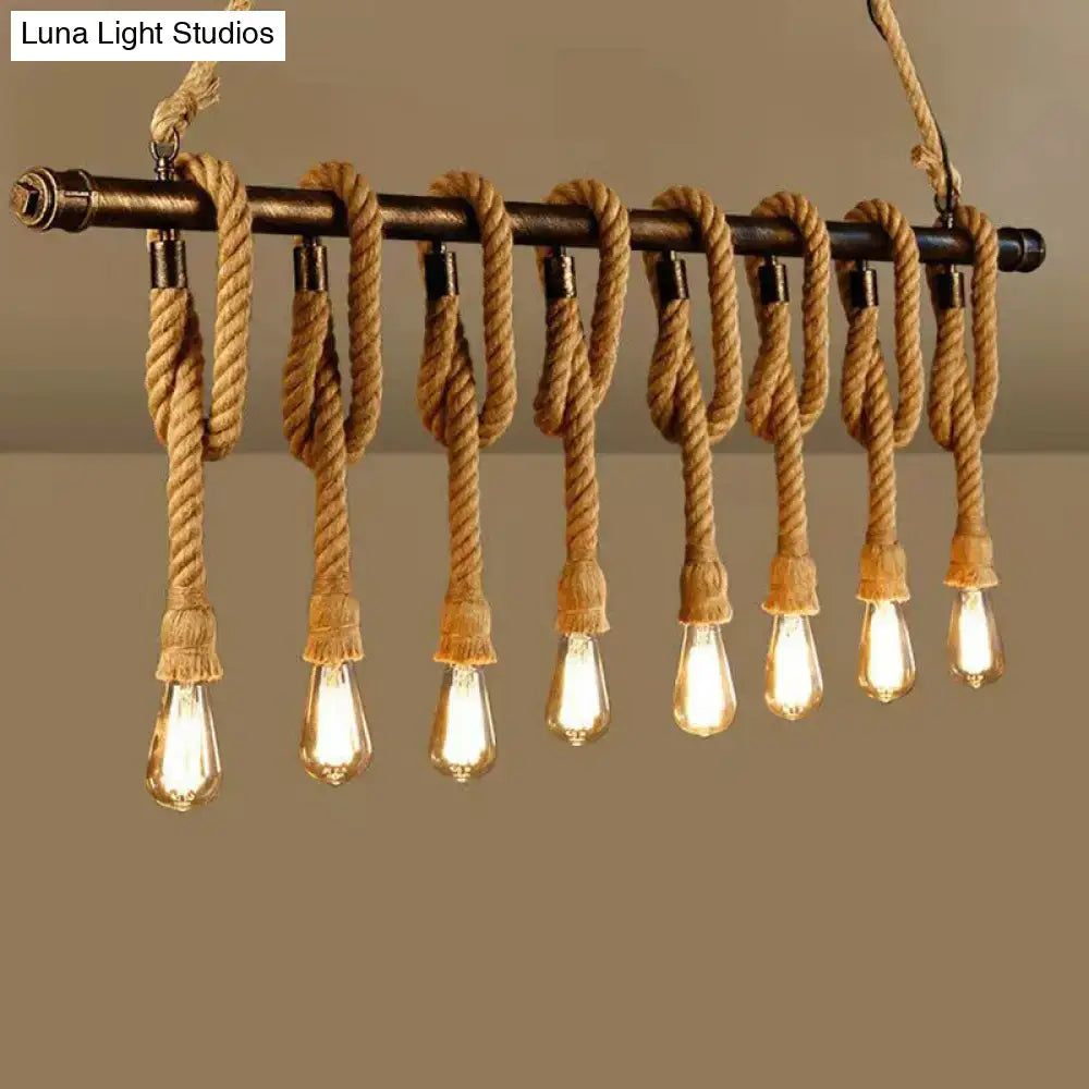 Industrial hemp rope wood chandelier light fixture with dark metal bar and exposed edison bulbs for dining room 220v-240v 110v-120v