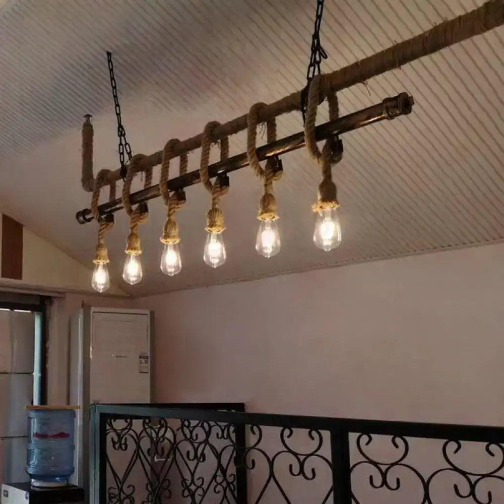 Industrial hemp rope wood chandelier light fixture with rustic wooden pipe frame and five exposed edison bulbs 220v-240v 110v-120v