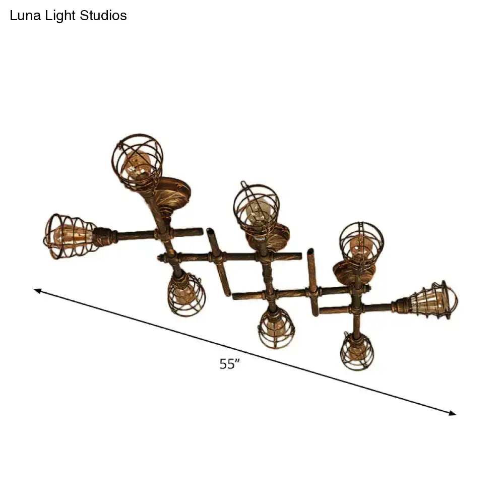 DecorBites™ Industrial Intersecting Piping Ceiling Light - Iron Semi Flush Mounted with Cage Guard, Brass Finish (4/5/8 Heads)