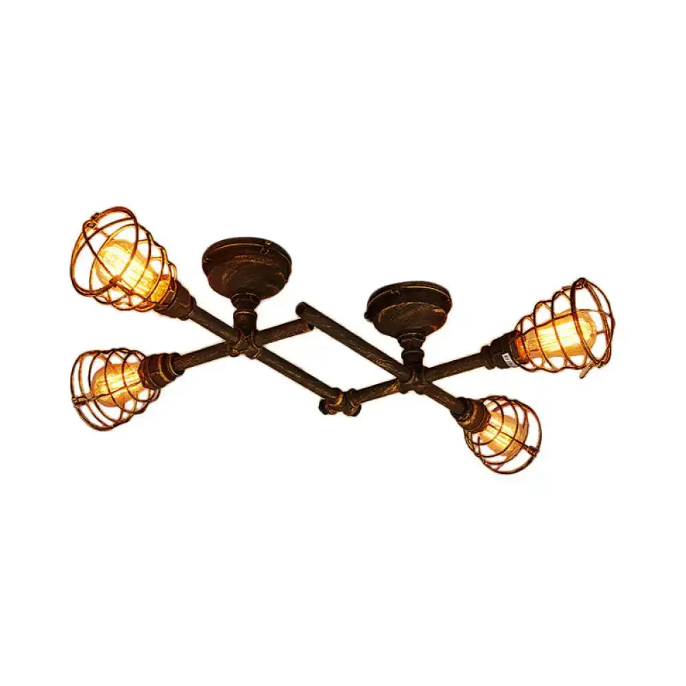 DecorBites™ Industrial Intersecting Piping Ceiling Light - Iron Semi Flush Mounted with Cage Guard, Brass Finish (4/5/8 Heads)