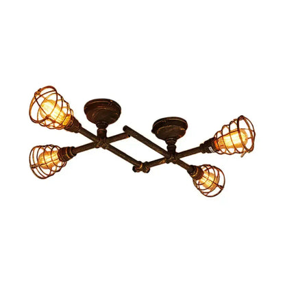 DecorBites™ Industrial Intersecting Piping Ceiling Light - Iron Semi Flush Mounted with Cage Guard, Brass Finish (4/5/8 Heads)