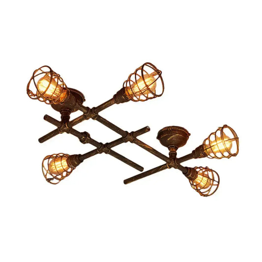 DecorBites™ Industrial Intersecting Piping Ceiling Light - Iron Semi Flush Mounted with Cage Guard, Brass Finish (4/5/8 Heads)