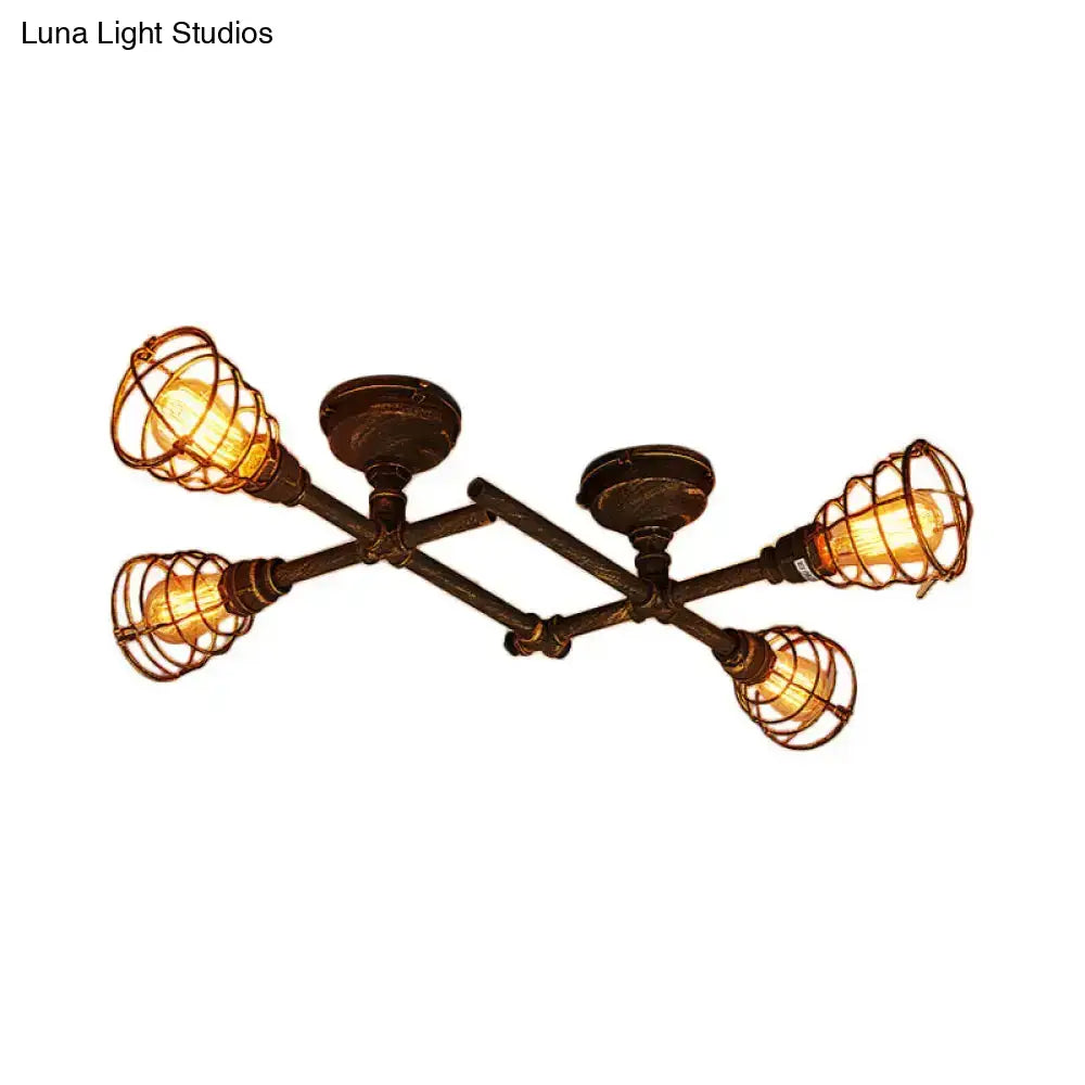 DecorBites™ Industrial Intersecting Piping Ceiling Light - Iron Semi Flush Mounted with Cage Guard, Brass Finish (4/5/8 Heads)