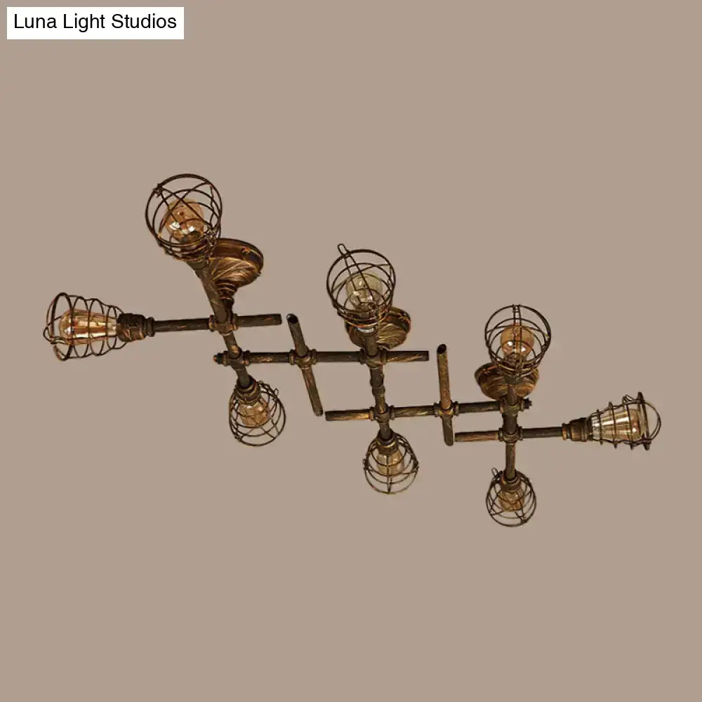 DecorBites™ Industrial Intersecting Piping Ceiling Light - Iron Semi Flush Mounted with Cage Guard, Brass Finish (4/5/8 Heads)