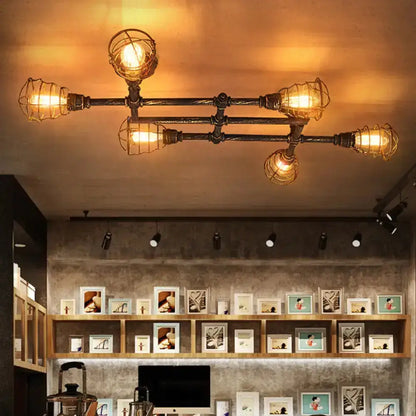 DecorBites™ Industrial Intersecting Piping Ceiling Light - Iron Semi Flush Mounted with Cage Guard, Brass Finish (4/5/8 Heads)