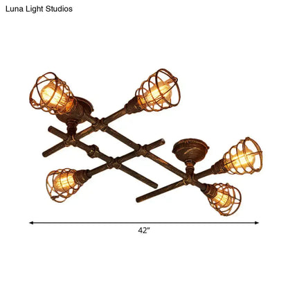 DecorBites™ Industrial Intersecting Piping Ceiling Light - Iron Semi Flush Mounted with Cage Guard, Brass Finish (4/5/8 Heads)
