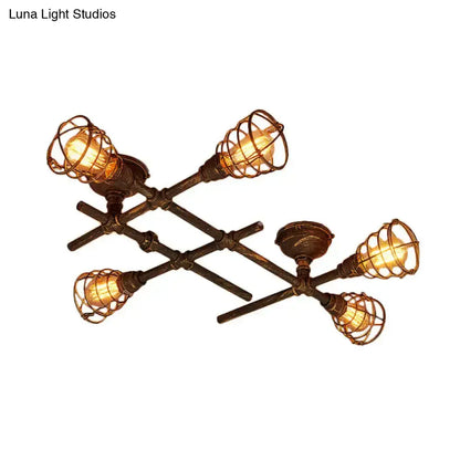 DecorBites™ Industrial Intersecting Piping Ceiling Light - Iron Semi Flush Mounted with Cage Guard, Brass Finish (4/5/8 Heads)