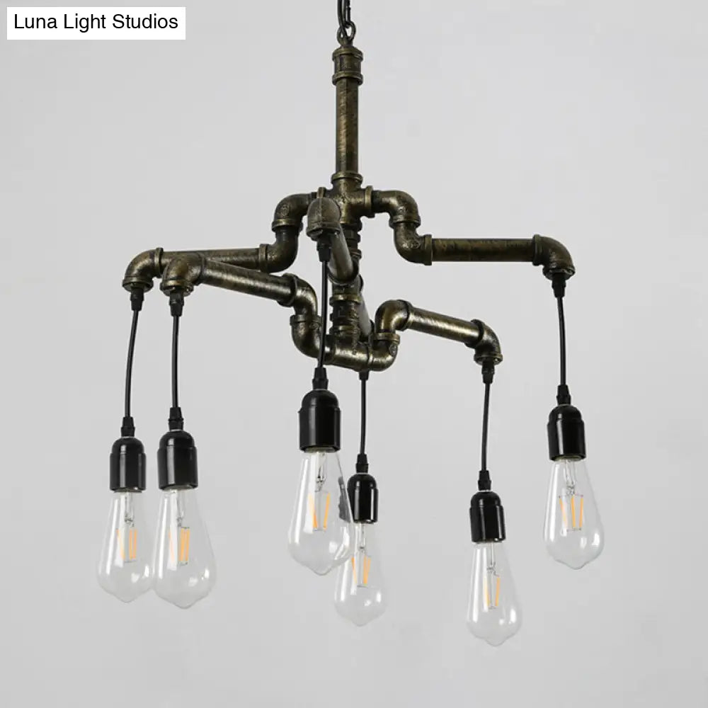 Industrial Iron 2-Layer Water Pipe Chandelier with Bronze Finish - 4/6 Heads - Dining Room Ceiling Light