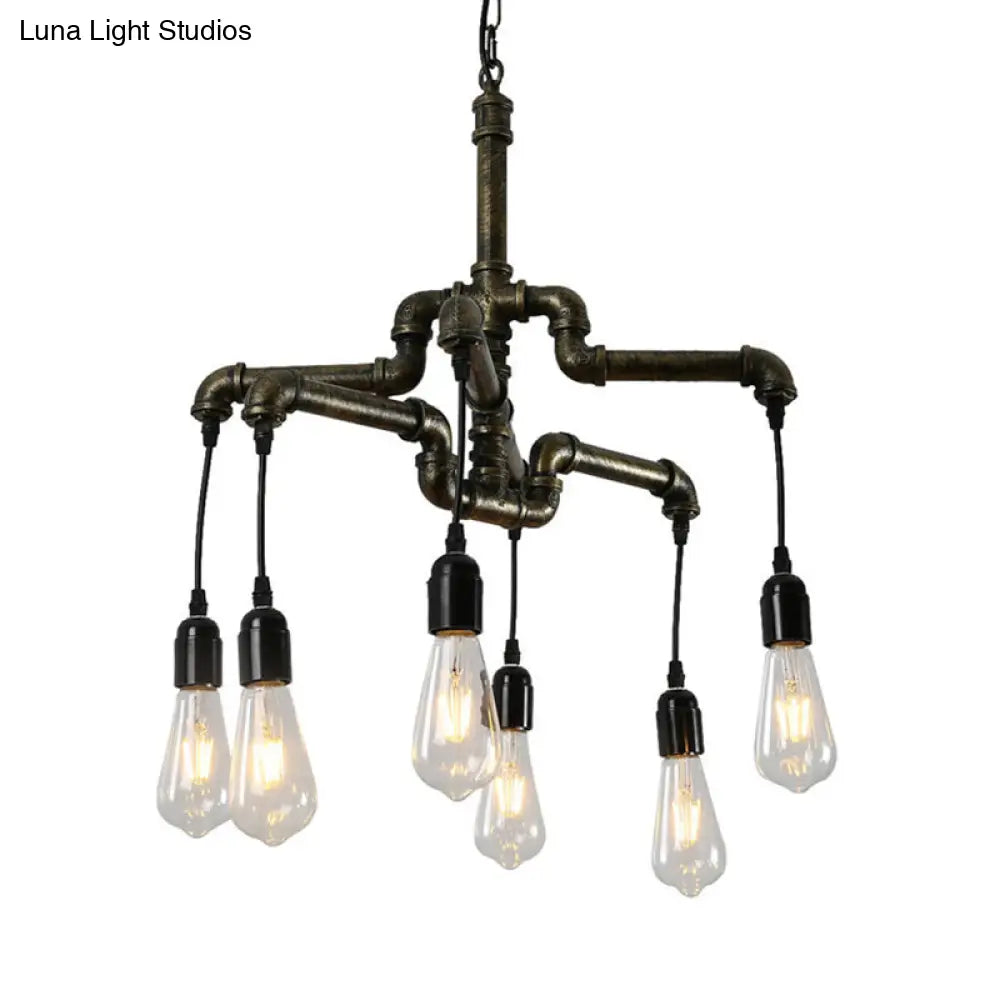 Industrial Iron 2-Layer Water Pipe Chandelier with Bronze Finish - 4/6 Heads - Dining Room Ceiling Light