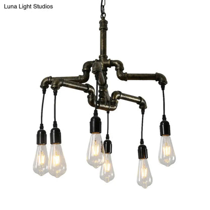 Industrial Iron 2-Layer Water Pipe Chandelier with Bronze Finish - 4/6 Heads - Dining Room Ceiling Light