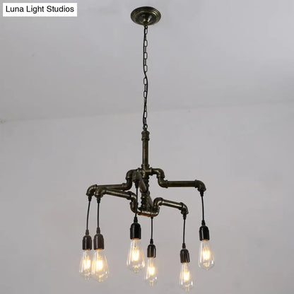 Industrial Iron 2-Layer Water Pipe Chandelier with Bronze Finish - 4/6 Heads - Dining Room Ceiling Light