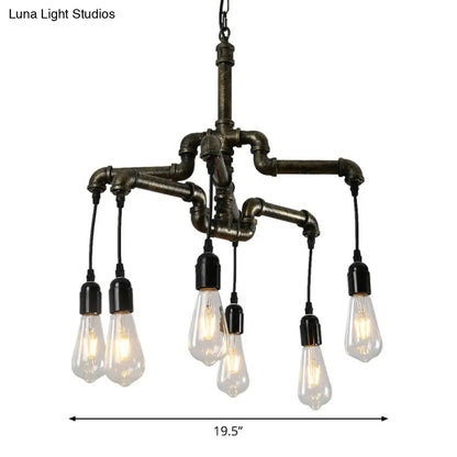 Industrial Iron 2-Layer Water Pipe Chandelier with Bronze Finish - 4/6 Heads - Dining Room Ceiling Light