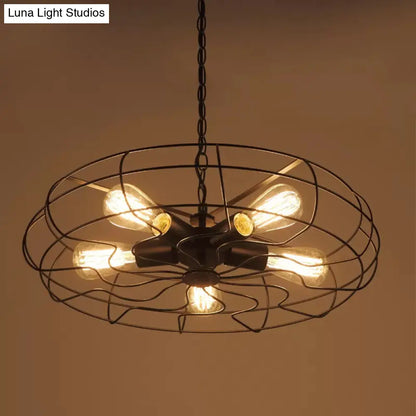 Industrial Iron 5-Bulb Black Pendant Chandelier - Round Caged Restaurant Ceiling Lamp, 19"/21.5" W