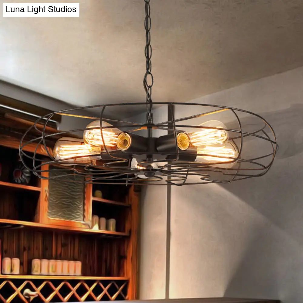 Industrial Iron 5-Bulb Black Pendant Chandelier - Round Caged Restaurant Ceiling Lamp, 19"/21.5" W