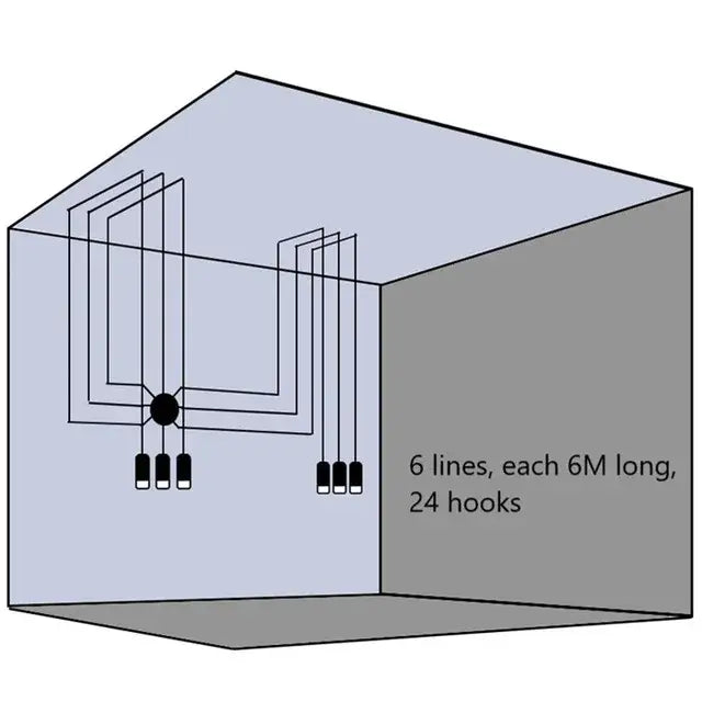 Diagram of a ceiling-mounted black industrial iron art hook system with six 6-meter lines and four hooks each for pendant light decorbites