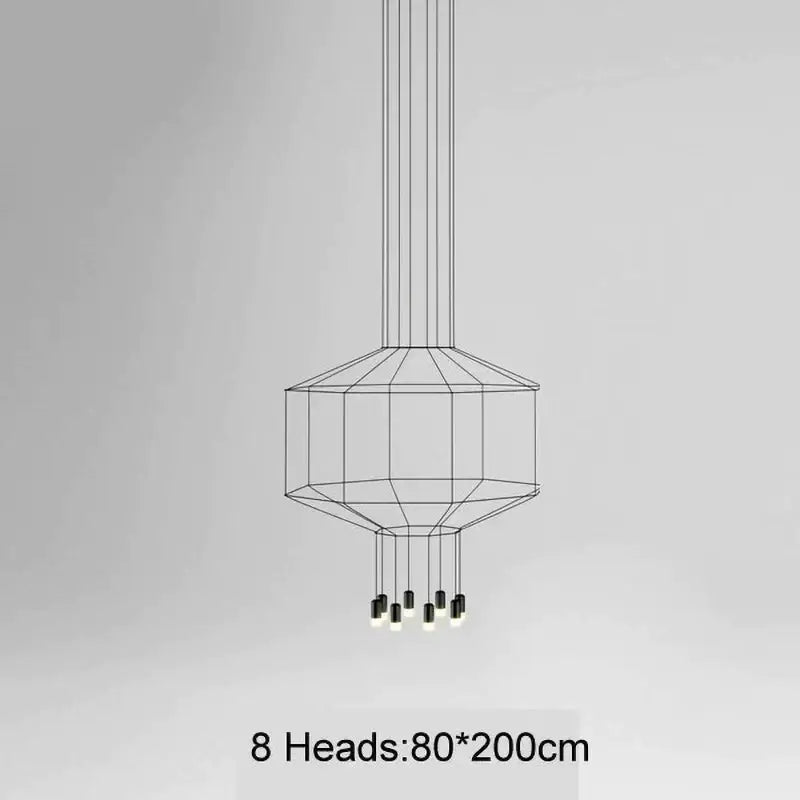 Modern black wireframe industrial iron art pendant light with eight illuminated heads for dining room decorbites industrial iron