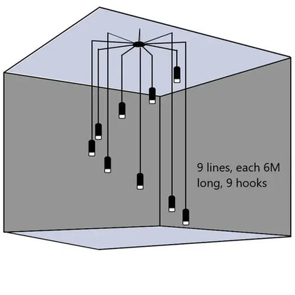 Nine black and white industrial iron art pendant lights hang from a central fixture with six meter lines decorbites industrial iron