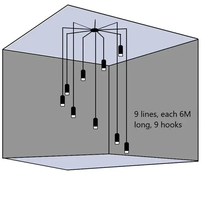 Nine black and white industrial iron art pendant lights hang from a central fixture with six meter lines decorbites industrial iron