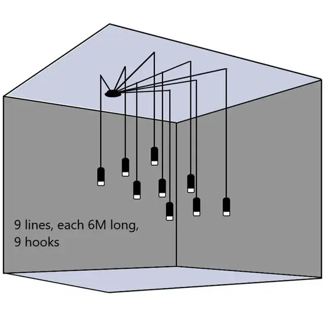 Nine black industrial iron art geometric pendant light hooks suspended by 6 meter lines from central ceiling mount