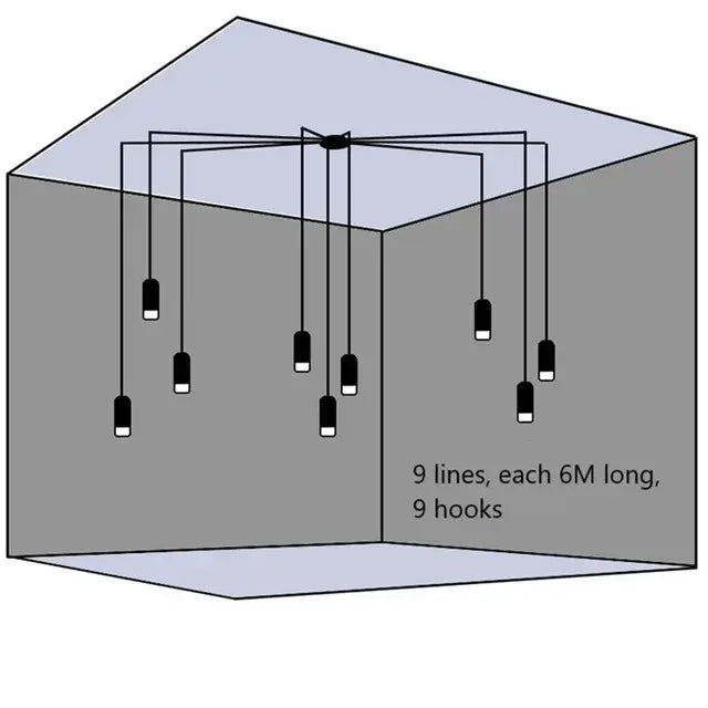 Nine black decorbites industrial iron art pendant lights with white bases hanging from 6 meter lines for dining room decor