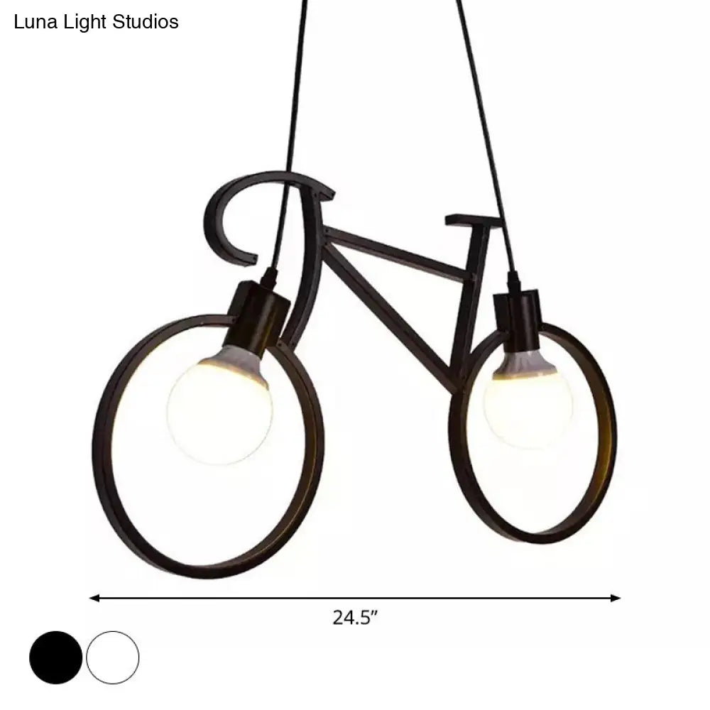 Industrial Iron Bicycle Boys Bedroom Pendant Light - Black/White, 2 Heads, 20.5"/24.5" W