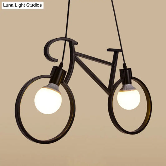 Industrial Iron Bicycle Boys Bedroom Pendant Light - Black/White, 2 Heads, 20.5"/24.5" W