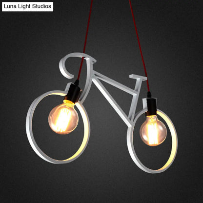 Industrial Iron Bicycle Boys Bedroom Pendant Light - Black/White, 2 Heads, 20.5"/24.5" W