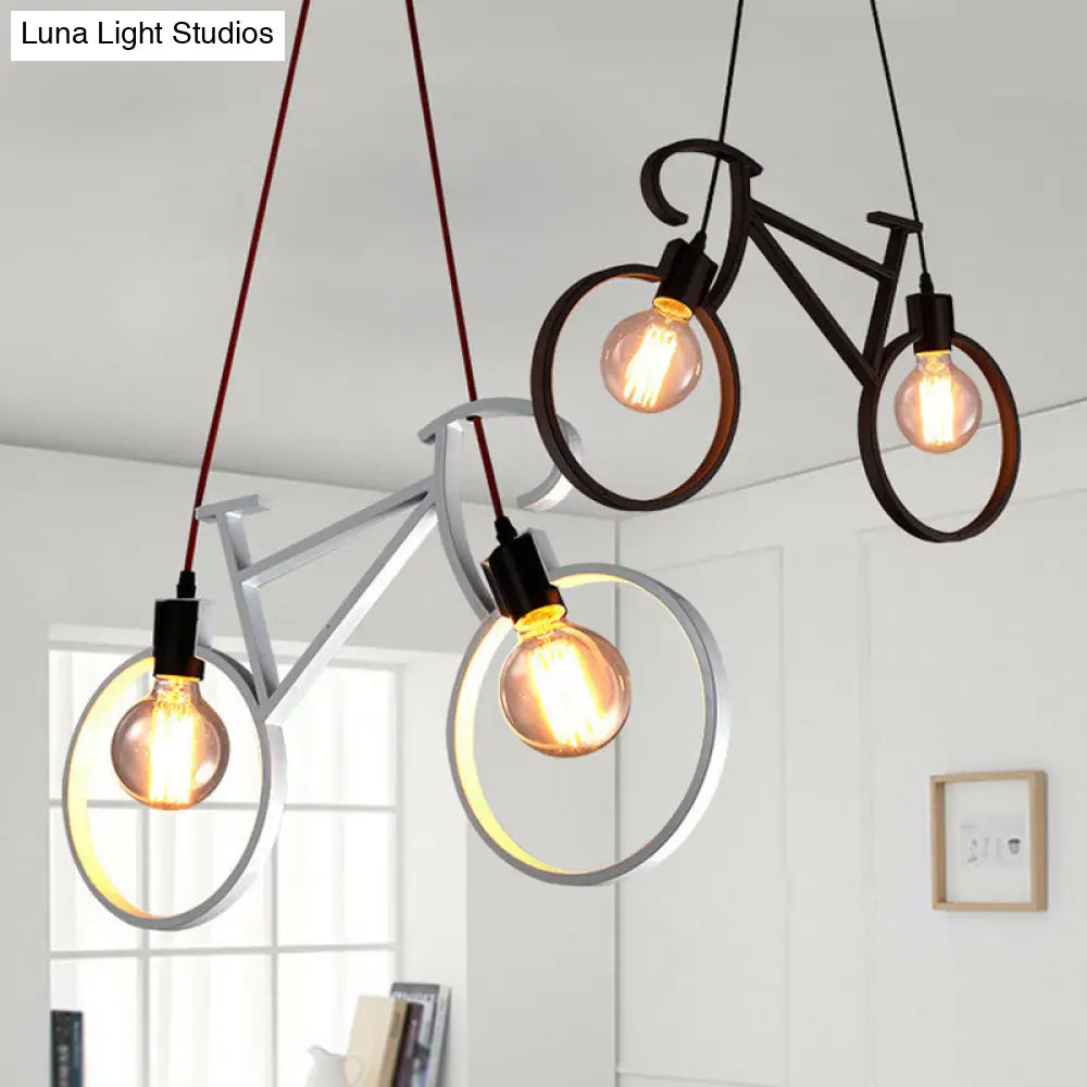 Industrial Iron Bicycle Boys Bedroom Pendant Light - Black/White, 2 Heads, 20.5"/24.5" W