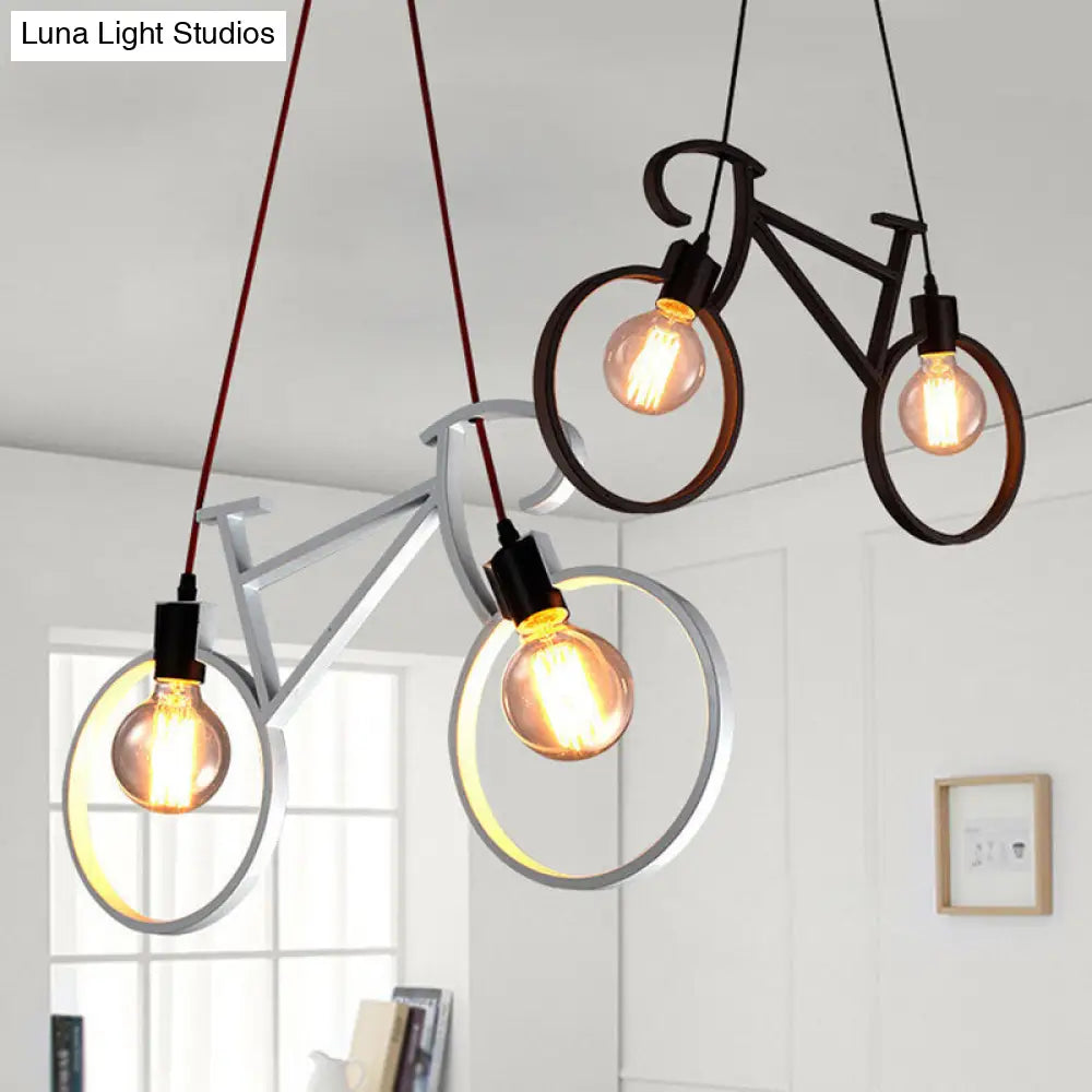 Industrial Iron Bicycle Boys Bedroom Pendant Light - Black/White, 2 Heads, 20.5"/24.5" W