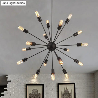 Industrial Iron Black Pendant Chandelier - Sunburst Design, 18 Heads - Ideal for Dining Room Suspension Lighting