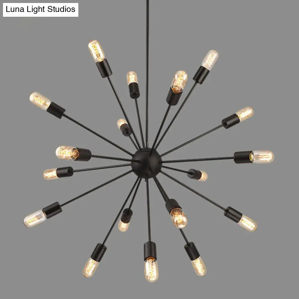 Industrial Iron Black Pendant Chandelier - Sunburst Design, 18 Heads - Ideal for Dining Room Suspension Lighting
