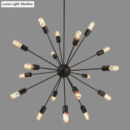 Industrial Iron Black Pendant Chandelier - Sunburst Design, 18 Heads - Ideal for Dining Room Suspension Lighting