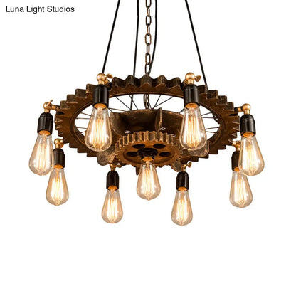 Industrial Iron Brass Chandelier with 9-Head Suspension Lighting – Exquisite Bare Bulb Design
