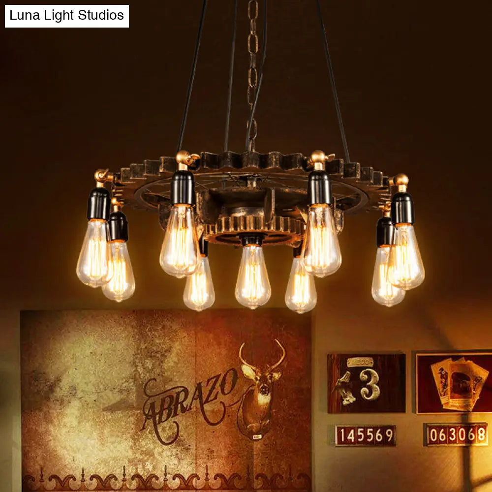 Industrial Iron Brass Chandelier with 9-Head Suspension Lighting – Exquisite Bare Bulb Design