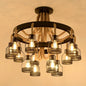 Industrial Iron Cage Chandelier Pendant with Hemp Rope in Black for Restaurants