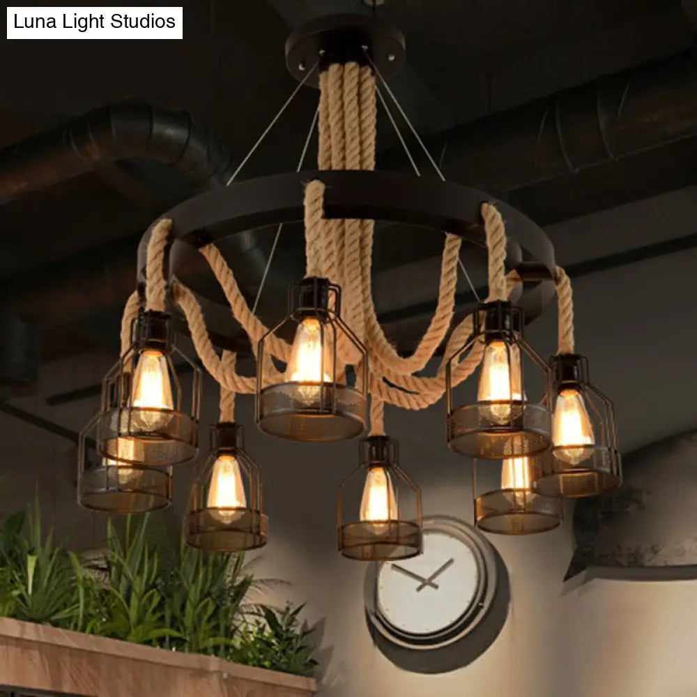 Industrial Iron Cage Chandelier Pendant with Hemp Rope in Black for Restaurants