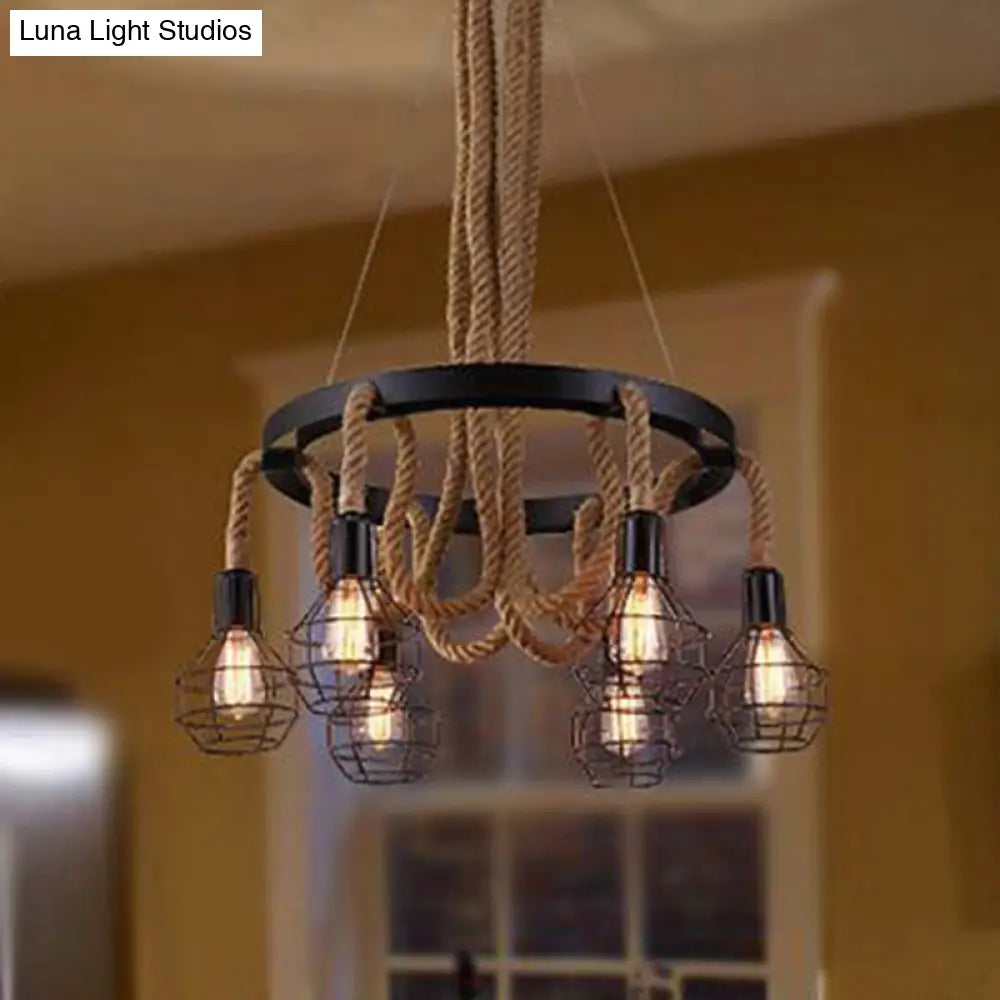 Industrial Iron Cage Chandelier with Hemp Rope - Black 6-Light Pendant Light for Dining Room