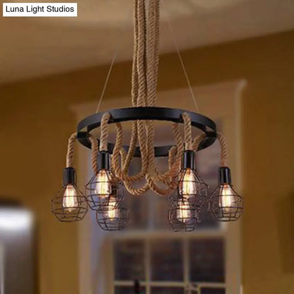Industrial Iron Cage Chandelier with Hemp Rope - Black 6-Light Pendant Light for Dining Room