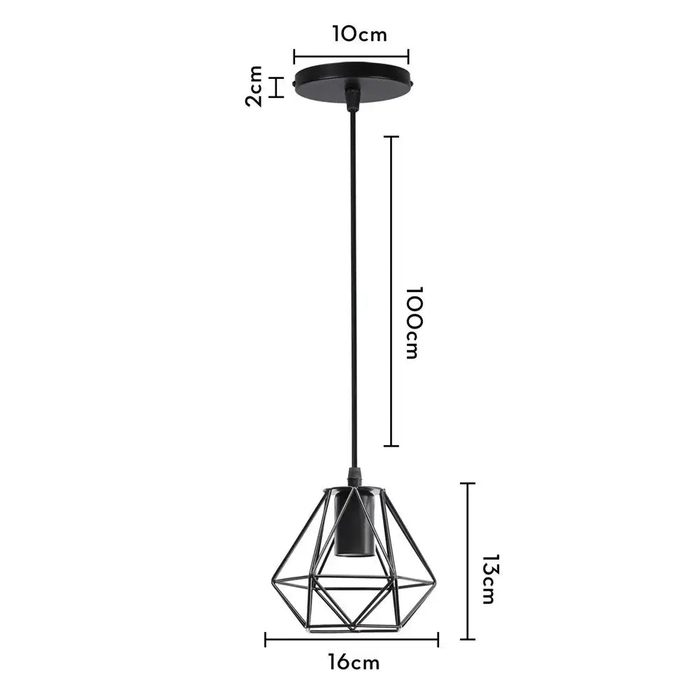 Black geometric pendant lamp with iron cage diamond frame and 10cm diameter ceiling mount by decorbites industrial iron