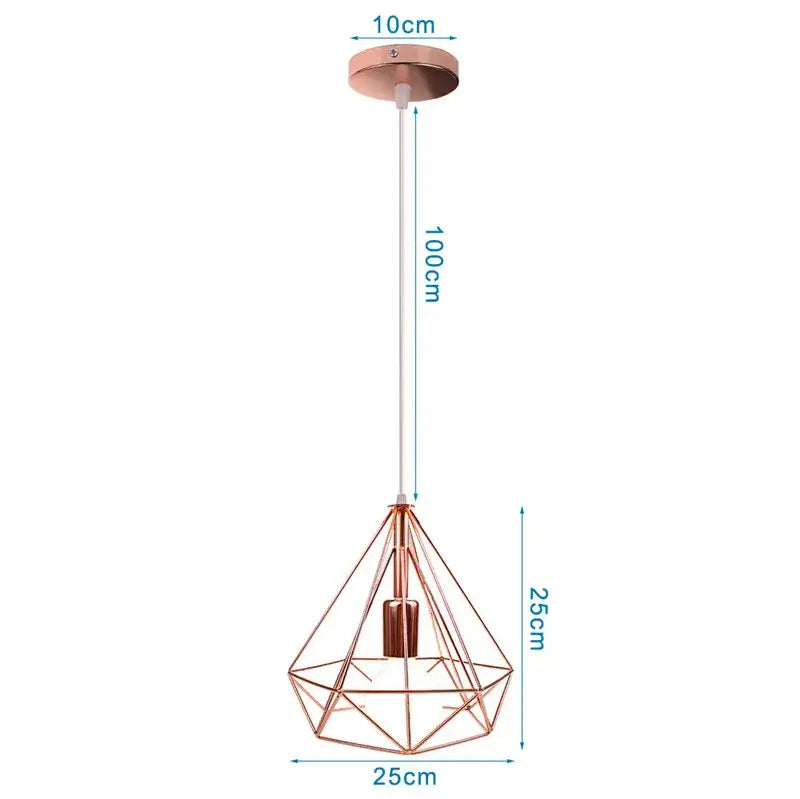 Copper-colored geometric pendant lamp with iron cage diamond wireframe for kitchen dining room decorbites industrial iron
