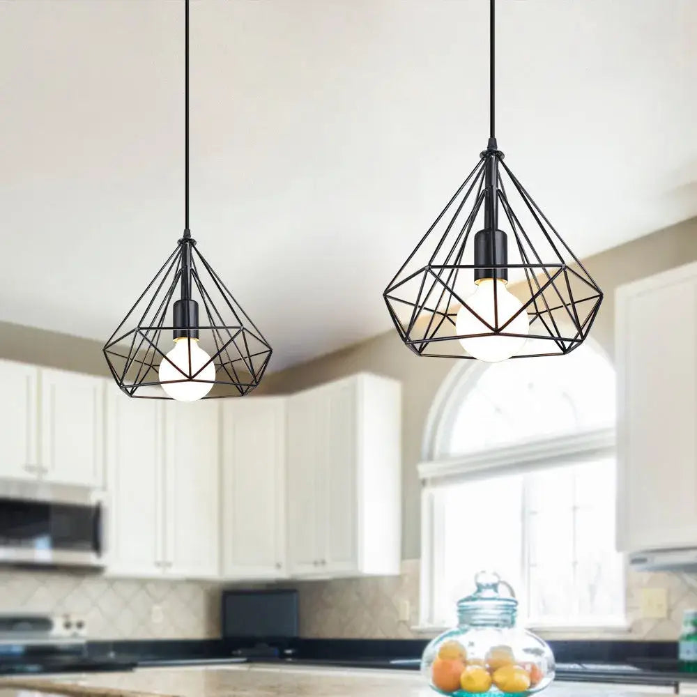 Black geometric iron cage pendant lamp with exposed bulbs for kitchen dining room decorbites industrial iron design