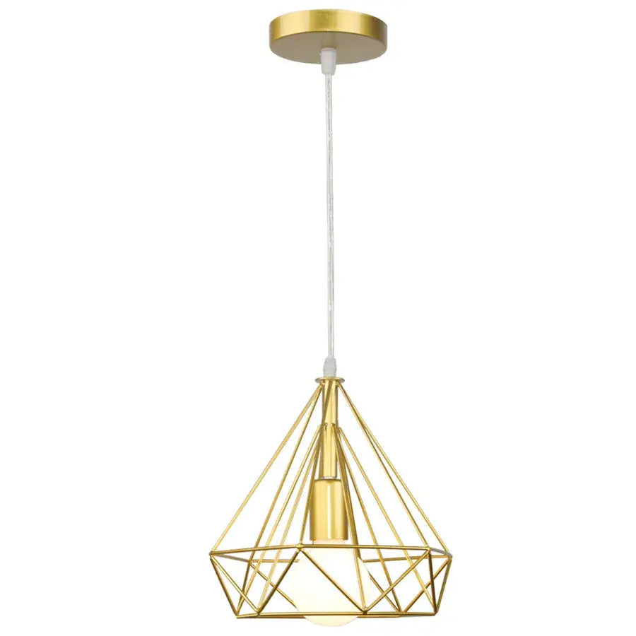 Gold-colored industrial iron cage pendant lamp with diamond wireframe and frosted glass shade for kitchen dining room decorbites industrial iron