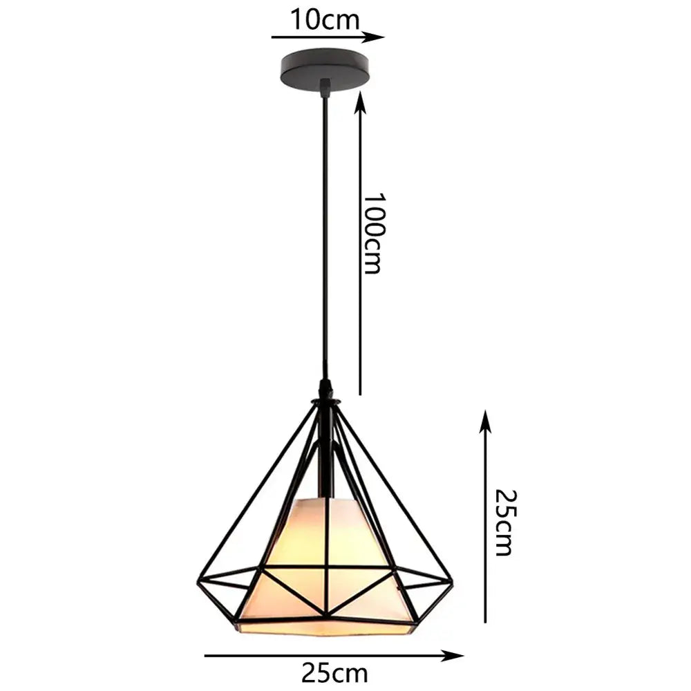 Black geometric pendant lamp with iron cage diamond frame and warm glass shade for kitchen decorbites industrial iron