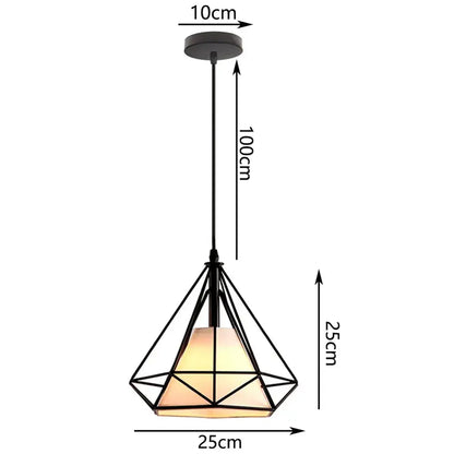 Black geometric pendant lamp with iron cage diamond frame and warm glass shade for kitchen decorbites industrial iron