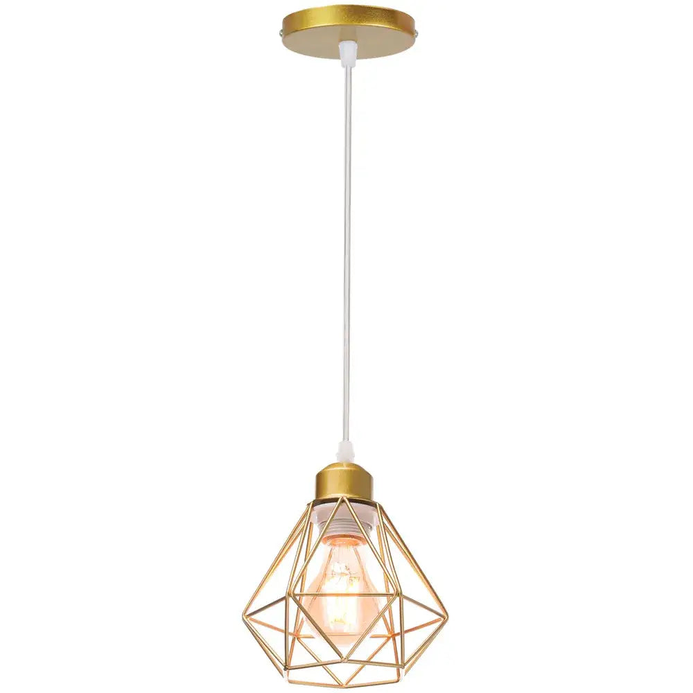 Gold-toned industrial iron cage pendant lamp with diamond-shaped metal cage for kitchen dining room decorbites industrial iron